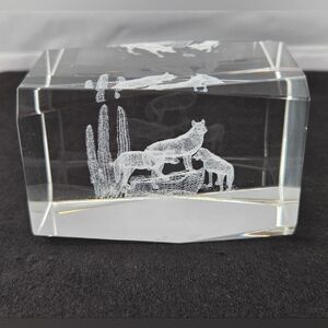 3D Arizona Mexican Gray Wolf Pack Laser Etched Crystal Paperweight